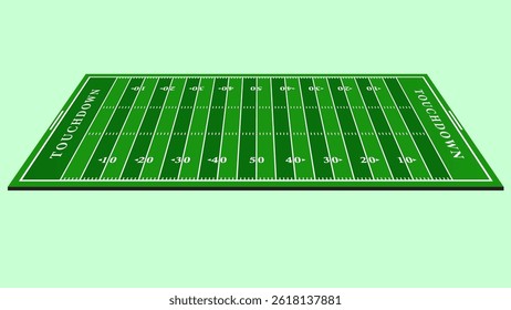 3D isometric illustration of an American football field with yard lines and touchdown zones, perfect for sports graphics and football themes.