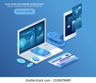 3d isometric illustration in blue colors, Laptop, smartphone, bank card, money. Online banking and shopping. Money transfer, save and protect.