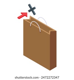 ilustración isométrica 3d de una bolsa de compras de papel marrón con una flecha roja hacia abajo, que simboliza el crecimiento negativo de las ventas