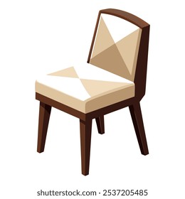 A 3D isometric illustration of a brown wooden chair with beige and white upholstery. This image is perfect for interior design projects, furniture catalogs.