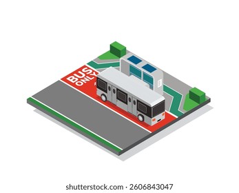 3D Isometric illustration of a bus on a designated BUS ONLY lane approaching a modern bus stop with shelters