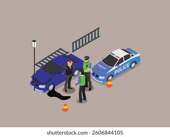 3D Isometric illustration of a car accident scene under police investigation.