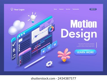 3D Isometric illustration, Cartoon. Animation creation program. Creating video clips, motion design. Trending Landing Page