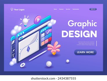 3D Isometric illustration, Cartoon. Display with vector design program. Vector graphics, graphic design. Trending Landing Page
