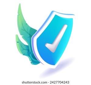 Ilustración isométrica 3D, dibujos animados. Imagen de un escudo sobre un fondo de hojas verdes. Símbolo de escudo de seguridad. Protección de datos, concepto. Iconos vectoriales para el sitio web