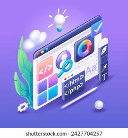 3D Isometric illustration, Cartoon. Mobile application, Software and web development with 3d shapes, bar chart, infographic. Vector icons for website