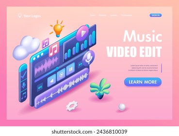 3D Isometric illustration, Cartoon. Music video edit. Display with buttons for cutting video clip, working with audio track, processing content. Trending Landing Page