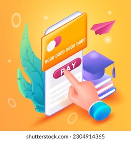 3D Isometric illustration, Cartoon. Payment for online education using a mobile application. Sending payment, receipt of educational material. Vector icons