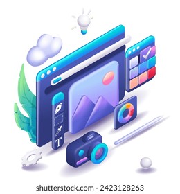 3D Isometric illustration, Cartoon. Photo camera with lens. Program for creating and editing photos. Photo editor. Vector icons for website