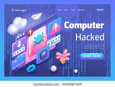 3D Isometric illustration, Cartoon. Ransomware Malware Attack. Business Computer Hacked. Trending Landing Page
