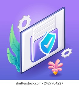 3D Isometric illustration, Cartoon. Secure confidential files folder with paper documents access and private lock. Vector icons for website