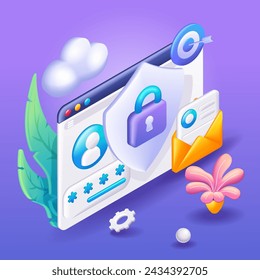 Ilustración isométrica 3D, dibujos animados. Diseño seguro y excelente para cualquier propósito. Red de protección, datos seguros, antivirus. Iconos vectoriales para el sitio web