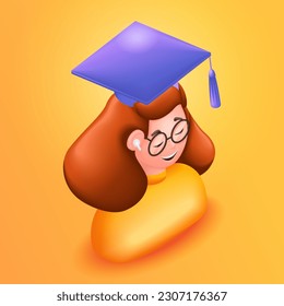 3D Isometric illustration, Cartoon. Student, graduate. Young red-haired girl is happy, he is a graduate. Getting a diploma. Vector icons for website