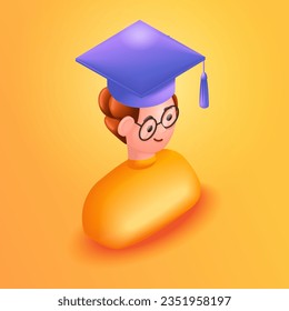 3D Isometric illustration, Cartoon. Student, graduate. Young red-haired boy is happy, he is a graduate. Getting a Diploma. Vector icons for website