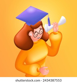 3D Isometric illustration, Cartoon. Student, graduate. Young red-haired girl is happy, She is a graduate. Getting a diploma. Vector icons for website
