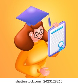 3D Isometric illustration, Cartoon. Young student in graduation cap, holding diploma or certificate. Academic degree and achievements. Vector icons for website