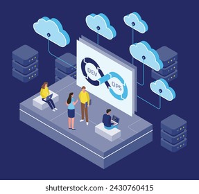 3d isometric illustration  of cloud DevOps, a group of people working on a database project