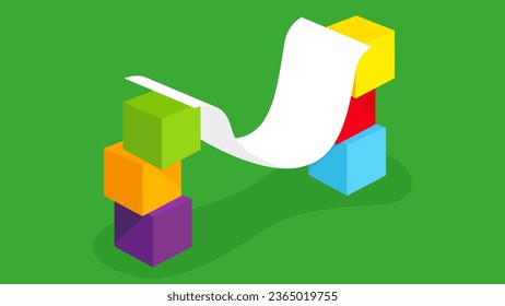 3D isometric illustration of colored cubes with a white sheet of paper
