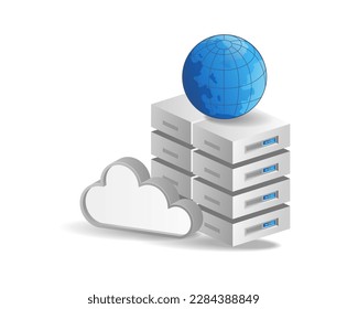 3d isometric illustration concept of data server cloud technology world