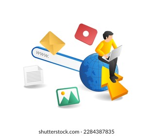 3d concepto de ilustración isométrica del hombre navegando por Internet