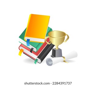 3d isometric illustration concept of pile of books and trophies