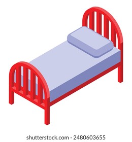 3d isometric illustration of a cozy single red bed with a pillow and blanket on a white background