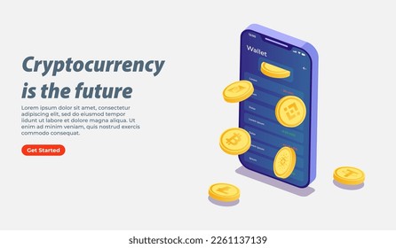 3D isometric illustration of cryptocurrencies and digital wallet for web banner, landing page