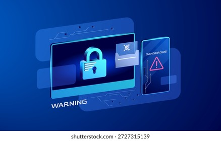 Ilustración isométrica 3D de una amenaza peligrosa del sistema. Diseño azul neón de moda con etiquetas de advertencia y bloqueo de seguridad digital, perfecto para interfaces de App de ciberseguridad y encabezados de tecnología.