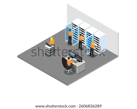 3D Isometric illustration of a data center with technicians managing and maintaining server racks