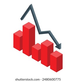 ilustración isométrica 3d de gráfico decreciente con barras de Vectores rojas y grises que representan la pérdida de datos de finanzas comerciales y la tendencia a la baja en las ventas y la recesión del mercado para el análisis del rendimiento económico