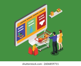 3D Isometric illustration depicting a couple shopping online during a sale. They are looking at a large computer monitor displaying various items marked with sale banners