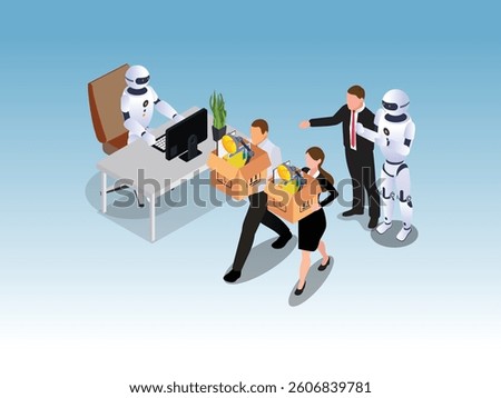 3D Isometric illustration depicting human employees being laid off from their office jobs due to automation and the increasing role of artificial intelligence and robotics