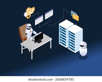 3D Isometric illustration depicting a humanoid robot working at a computer, connected to servers and processing digital data