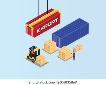 3D Isometric illustration depicting the loading process of export cargo. A red shipping container with the word Export is being lifted by a crane