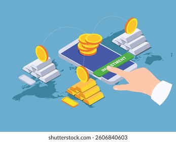 3D Isometric illustration depicting online investment. A hand interacts with a smartphone displaying an investment button