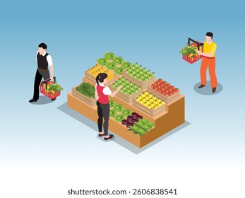 3D Isometric illustration depicting people shopping for fresh vegetables and fruits at a market stall or grocery store