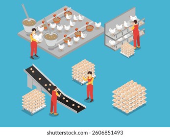 3D Isometric illustration depicting the process of egg production on a poultry farm