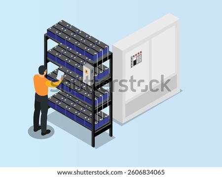 3D Isometric illustration depicting a technician inspecting a large industrial battery storage system with multiple racks of batteries and a control panel