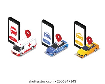 3D Isometric illustration depicting three smartphones displaying interfaces for calling emergency services and a taxi.