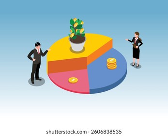 3D Isometric illustration depicting two business professionals discussing a large pie chart representing investment diversification