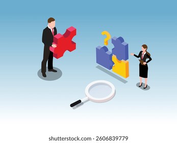 3D Isometric illustration depicting two business professionals collaborating to solve a puzzle