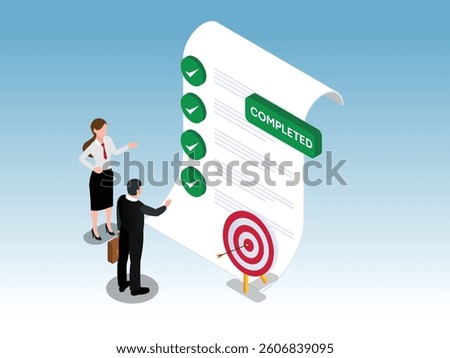 3D Isometric illustration depicting two business professionals standing before a large document with multiple completed checklist items marked with green checkmarks