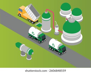 3D Isometric illustration depicting a waste-to-energy biogas plant. Trucks are shown delivering waste, which is processed in digesters to produce biogas, stored in dome-shaped tanks