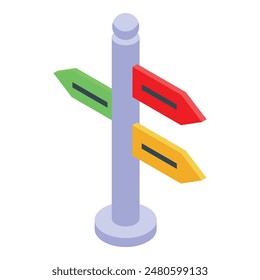 Ilustración isométrica 3d de una señal de dirección con flechas de colores sobre un fondo blanco
