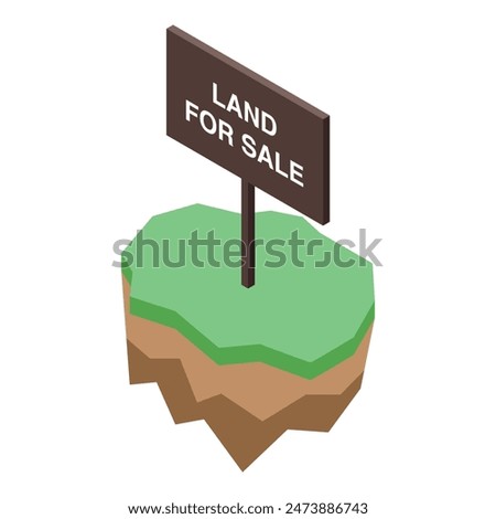 3d isometric illustration of a floating plot of land with a 'land for sale' sign