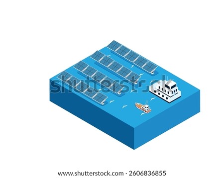 3D Isometric illustration of a floating solar farm on water, with rows of solar panels and a control or maintenance vessel nearby