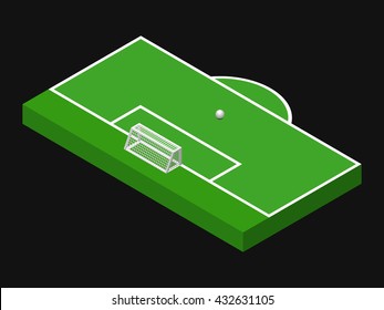 3D isometric illustration of football goal, part of football field, penalty area with ball. Vector illustration isolated on black. Soccer pitch, sport theme, editable element for your designs