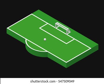 3D isometric illustration of football goal, part of football field, penalty area with ball. Vector illustration isolated on black. Soccer pitch, sport theme, editable element for banner, infographics
