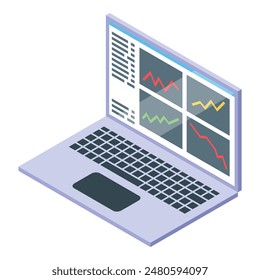 3d isometric illustration of a laptop displaying colorful financial charts and data analysis