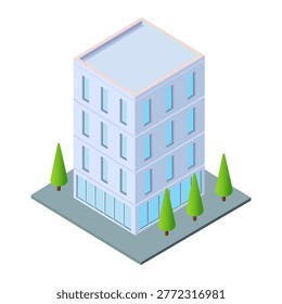 A 3D isometric illustration of a light blue building with pink roof edges, featuring multiple windows and a row of green trees on a green lawn, set against a white background